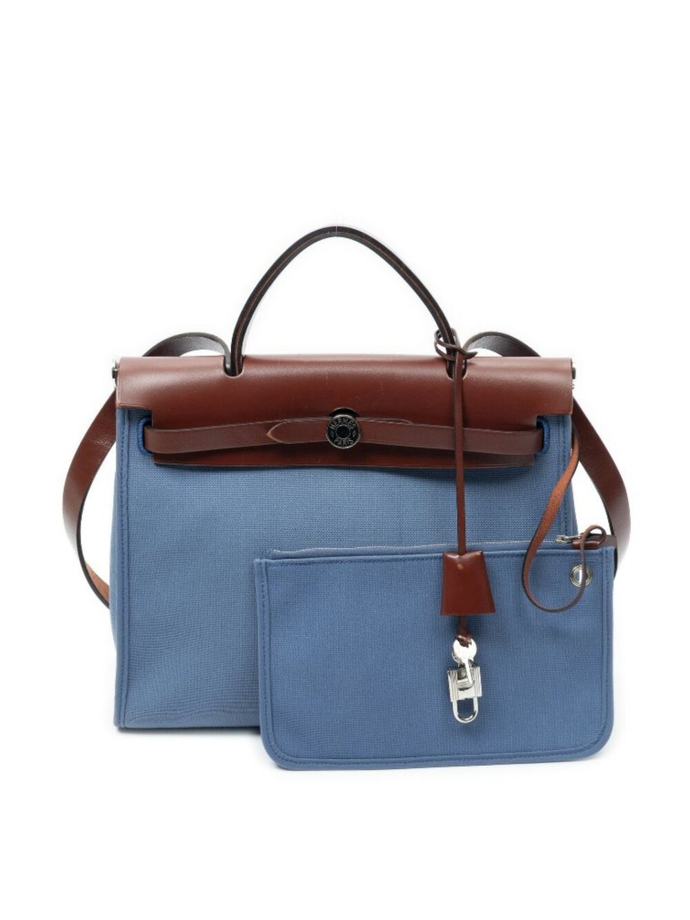 Hermes Herbag Zip Blue Brown Toile Officier Handbag